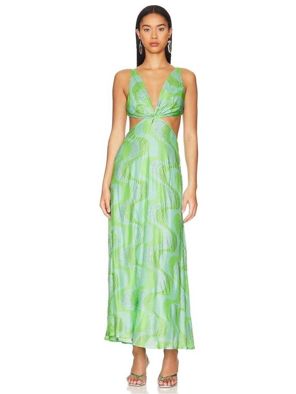 SUNDRESS Amazon Lime Green Wave-Print Cutout Maxi Dress with Rhinestones 💚 SZ XL